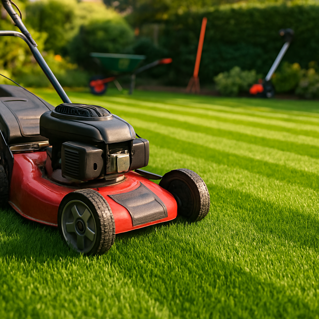 Professional lawn mower cutting fresh green grass with precise stripes
