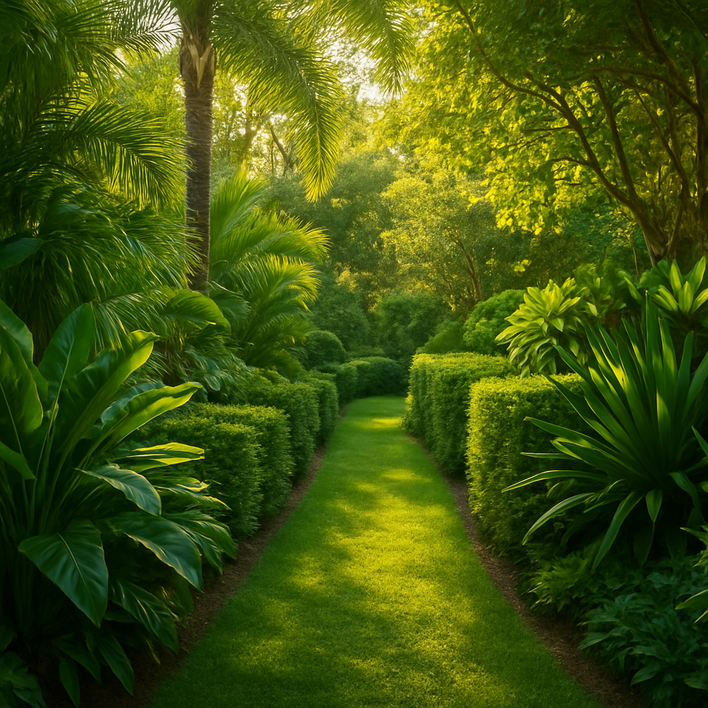 Vibrant green garden pathway with lush tropical plants