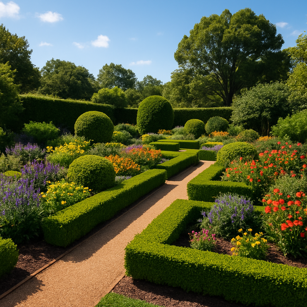Beautifully maintained garden with trimmed hedges and colourful flowering plants