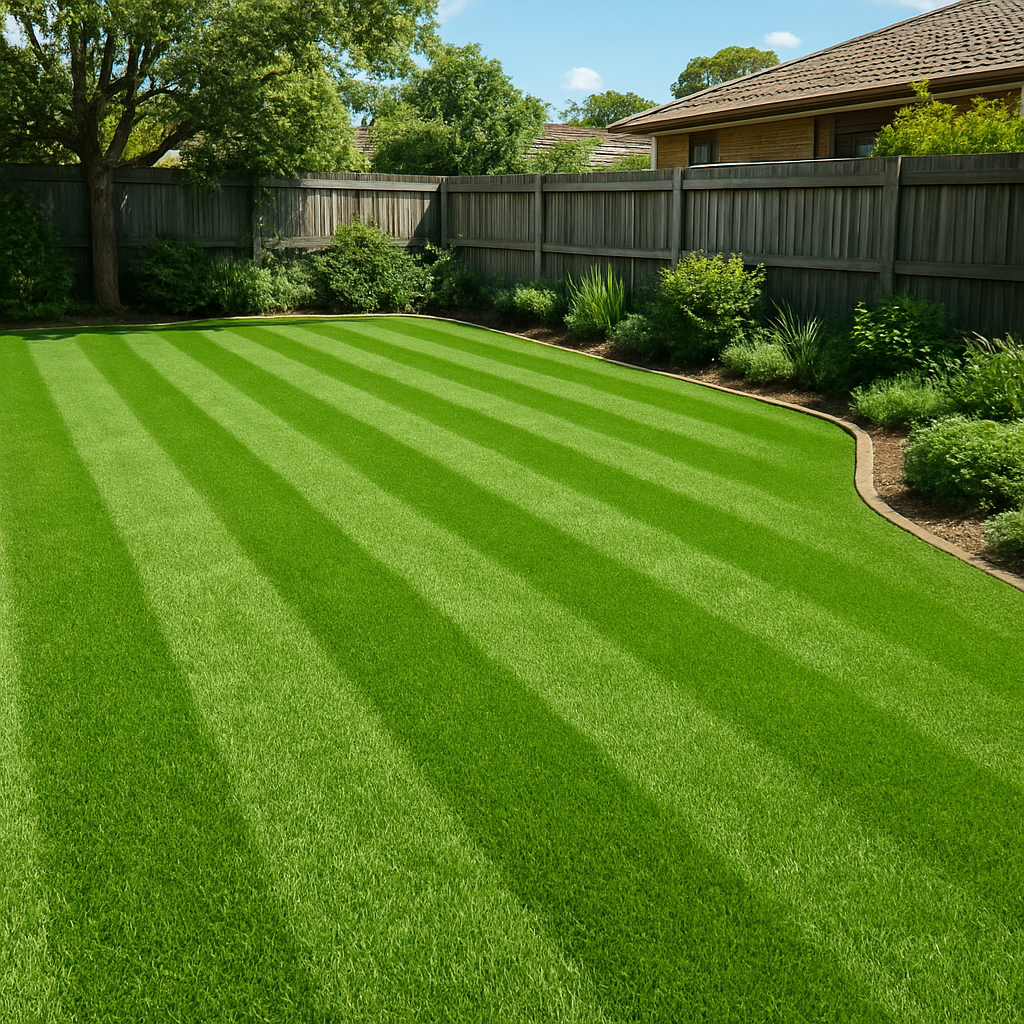 Freshly mowed residential lawn with alternating light and dark green stripes